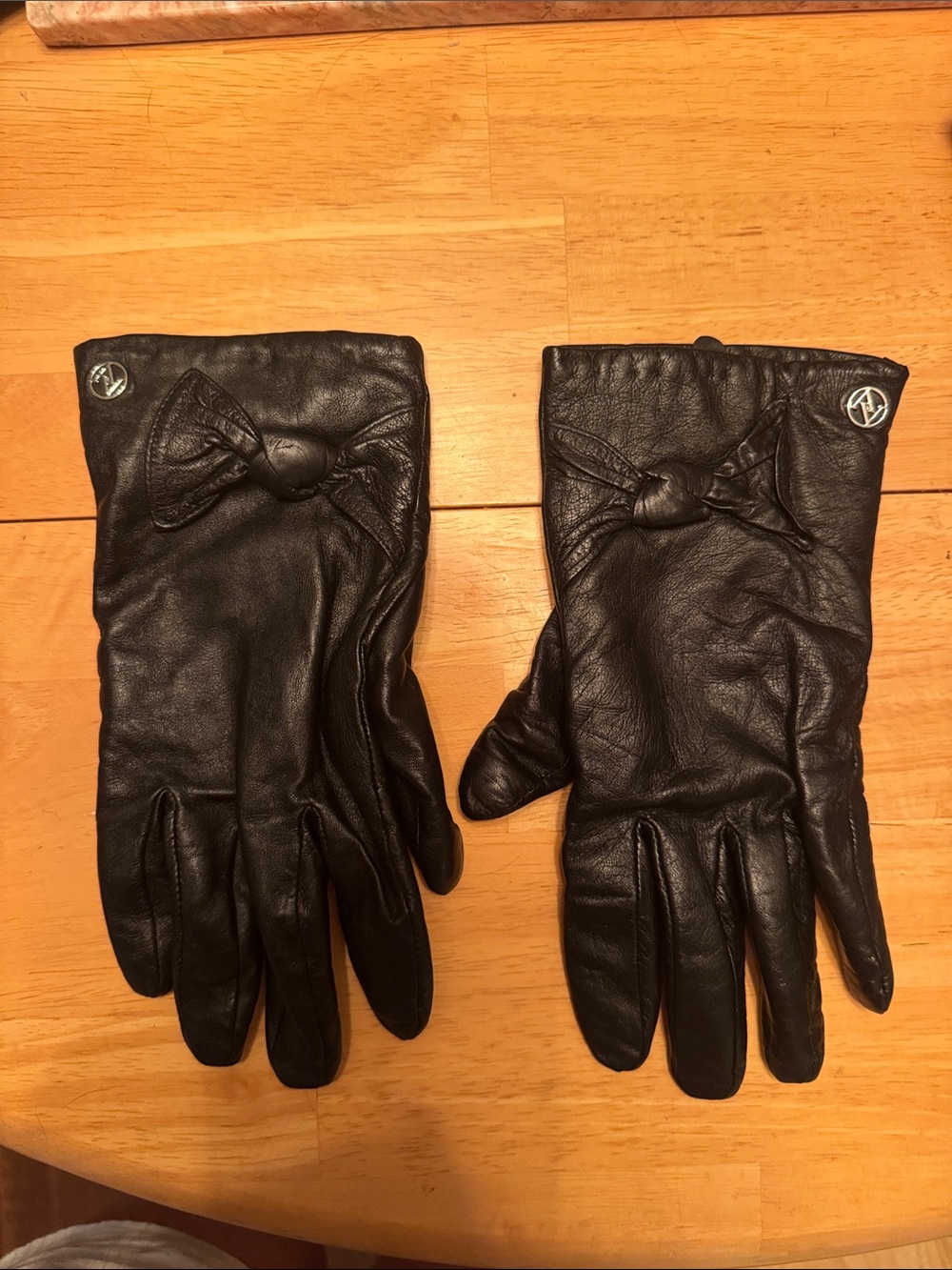 Adrienne Vittadini Black Leather Gloves with Bow Detail- Wool/Cashmere Lined